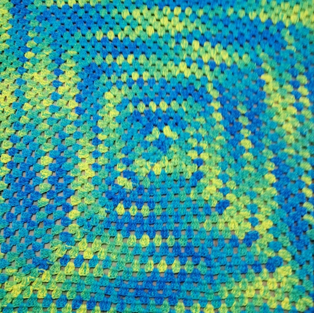 Handcrafted Crochet Afghan 48"x48" Blue Green Yellow Verigated Spiral pattern - Picture 8 of 10